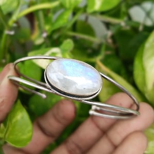 Sterling Silver Moonstone Bangle - Adjustable Gemstone Cuff Bracelet