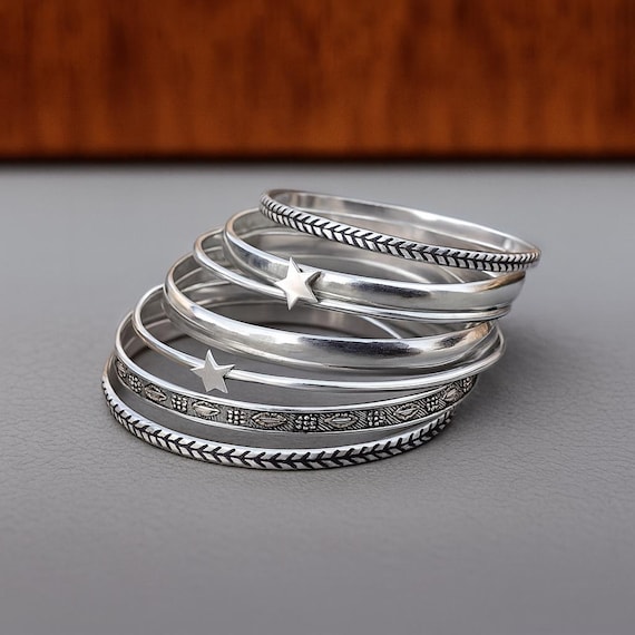 Sterling Silver Stacking Bangles, Star Charm, Oxidized Boho 