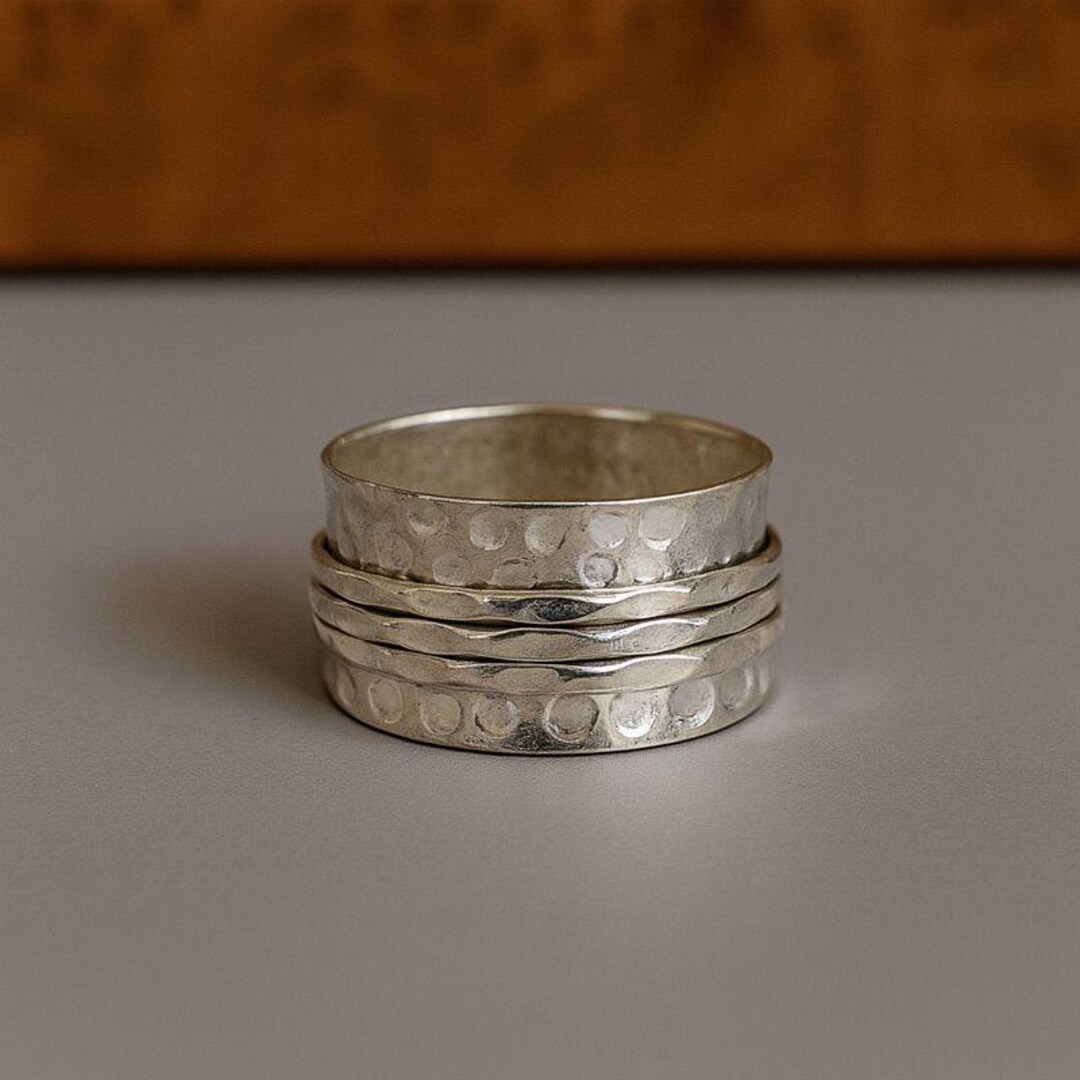 Sterling Silver Spinner Ring, Hammered Fidget Ring for Anxiety, Wide ...