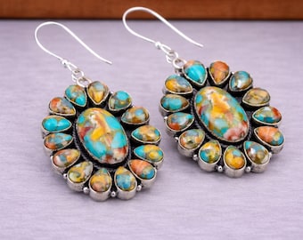 Spiny Oyster Turquoise Sterling Silver Cluster Dangle Earrings, Boho Statement Drop Gift