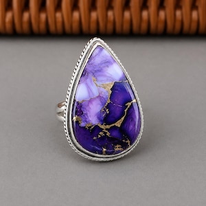 Purple Copper Turquoise Sterling Silver Statement Ring, Boho Southwestern Jewelry