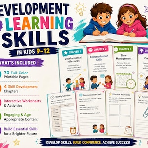 May include: A printable educational set titled Development of Learning Skills in Kids 9-12, featuring four chapters on developmental milestones, communication, time management, and creativity, plus interactive worksheets, a weekly schedule, and activities.