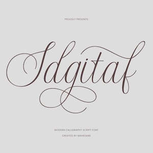 Könnte beinhalten: Eine moderne Kalligraphie-Schriftart, "Idgitaf", in Dunkelbraun, wird auf hellgrauem Hintergrund angezeigt. Der Text "PROUDLY PRESENTS" steht über dem Schriftzug, und "MODERN CALLIGRAPHY SCRIPT FONT" und "CREATED BY MAHESANS" stehen darunter.