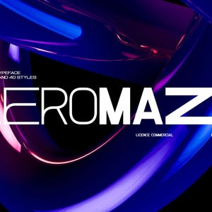 May include: A digital graphic with the word "AEROMAZZE" in white, bold font. The background features abstract, swirling shapes in shades of blue, purple, and pink. Text at the top indicates "VARIABLE TYPEFACE 8 WEIGHTS AND 40 STYLES."