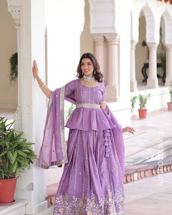 peplum indian dress Floral Print Gota Patti Peplum Top With Skirt For Women, Indian Lehenga Choli, Wedding Guest Outfit, Indian Dress, Party Indo Western Dress