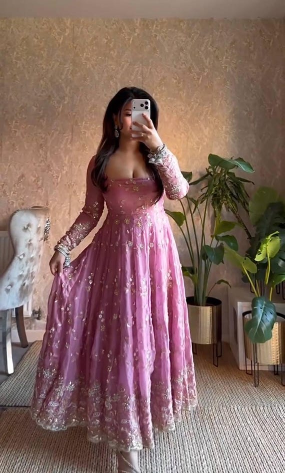Dusty Rose Anarkali Long Gown, Full Sleeve Embroidered Indian Ethnic Wear