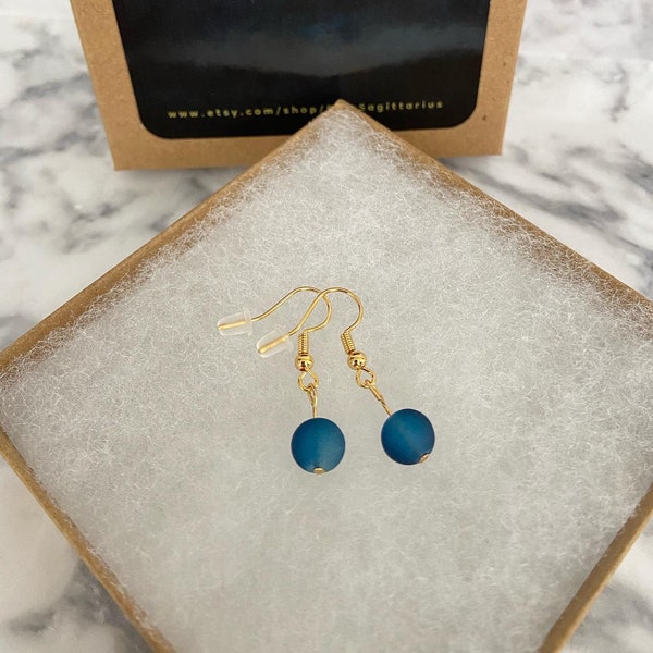 Midnight blue recycled sea glass drop earrings with 18K gold plated hooks