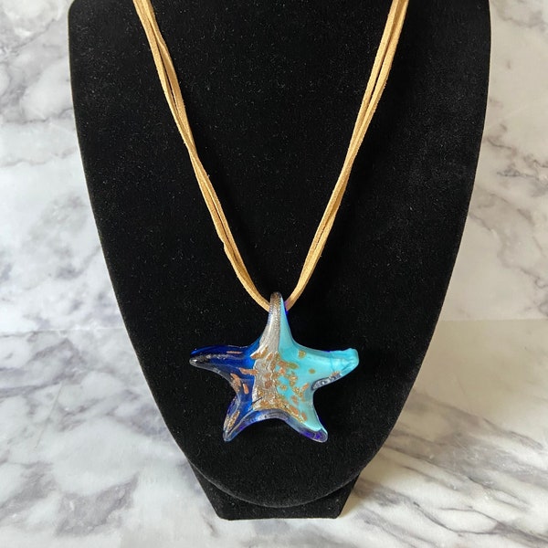 Dark blue & teal glass star necklace