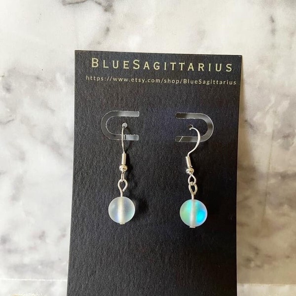 White moonlight matte mystic aura quartz (synthetic moonstone) drop earrings