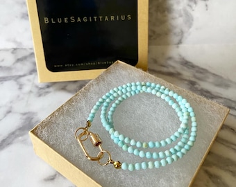 Cream blue turquoise howlite carabiner necklace with 3mm round howlite beads