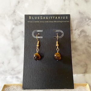 Brown tiger’s eye gemstone drop earrings with 8mm beads and 18K gold plated traditional hooks