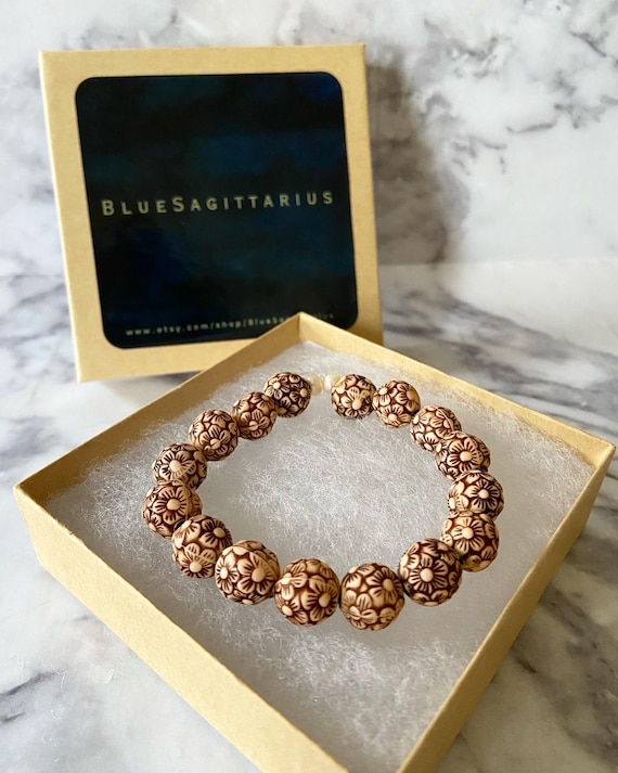 Brown Carved Bead Bracelet Tibetan Wood Meditation Bracelet - Spiritual & Stylish Malas main image 3