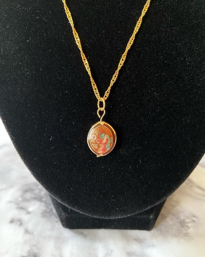 Vintage tiny dark orange puffy oval floral unicorn cloisonné enamel necklace