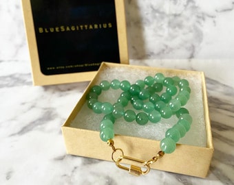 Aventurine green carabiner necklace with 8mm round beads
