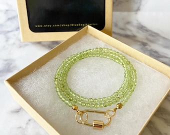 Peridot carabiner necklace with 2-3mm AAA grade round genuine peridot beads