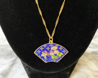 Vintage small blue floral cloisonné enamel fan necklace
