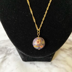 Vintage small puffy purple round floral cloisonné enamel necklace