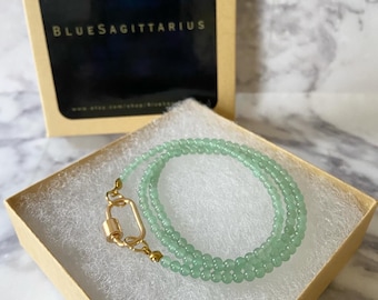 Aventurine green carabiner necklace with 3mm round beads