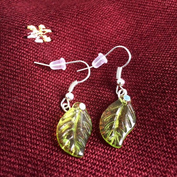 US Blown Glass Leaf Earrings Hand Sculpted Glass Leaf Earrings Green Leaf Glass Earrings