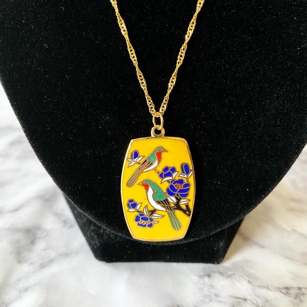 Vintage yellow blue floral birds cloisonné enamel  necklace