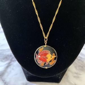 Vintage small black with red and yellow fish in coral puffy cloisonné enamel necklace