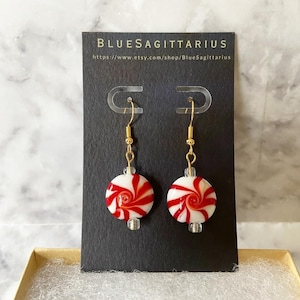 Glass candy cane peppermint lampwork glass drop earrings with traditional 18K gold plated hooks