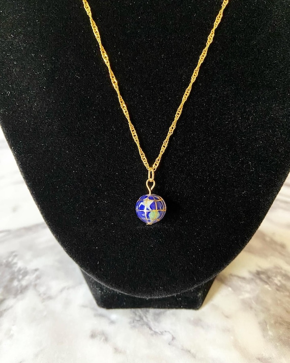Tiny blue Earth-like gemstone 10mm globe cloisonné enamel necklace