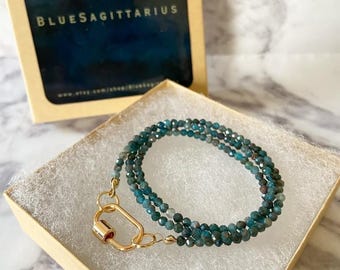 Deep blue green apatite carabiner necklace with AAA grade 3mm faceted round beads