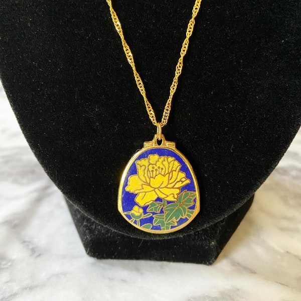 Vintage small blue floral yellow hibiscus cloisonné enamel teardrop necklace