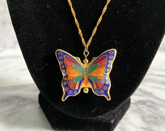 Vintage multicolored butterfly with blue bordering cloisonné enamel necklace