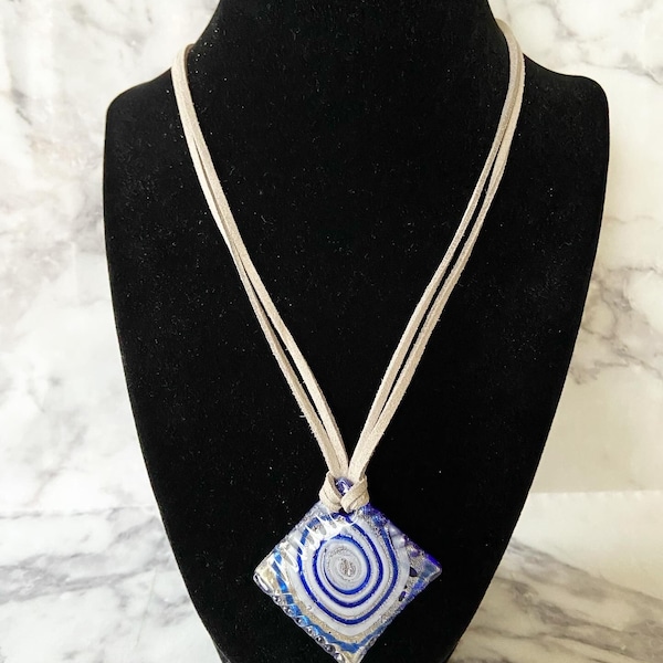 Blue and silver murano style square swirl glass necklace