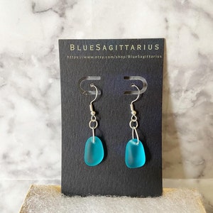 Teal recycled sea glass drop earrings with traditional hooks