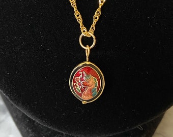 Vintage tiny red puffy oval floral unicorn cloisonné enamel necklace