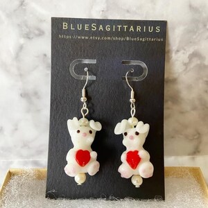 Bunny glass lampwork earrings with red hearts and freshwater pearls on sterling silver traditional hooks