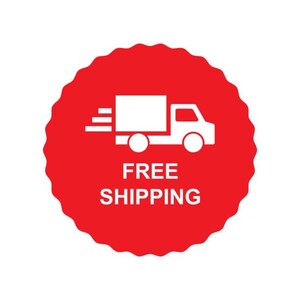 K&ouml;nnte beinhalten: Ein rotes, kreisf&ouml;rmiges Grafikdesign mit einem wei&szlig;en Lieferwagen-Symbol und den Worten "FREE SHIPPING" in wei&szlig;em Text. Die Grafik hat einen gezackten Rand.