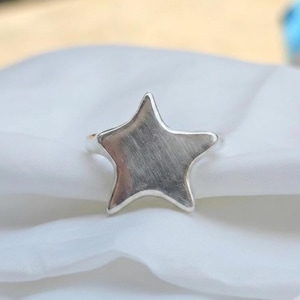 以下が含まれることがあります： 中央に五芒星のデザインをあしらったシルバーカラーのリング。星の表面はブラッシュドメタル仕上げで、マットな質感になっています。リングのバンド部分は細く、星の形につながっています。