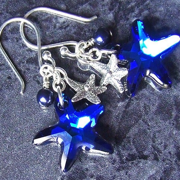 Swarovski Starfish Earrings Sterling Silver Bermuda Blue Crystal Pearl Vegan Jewelry