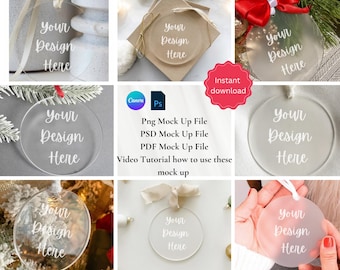 May include: A collection of clear, round ornaments with the text "Your Design Here" in white. The image also includes text that reads "Png Mock Up File", "PSD Mock Up File", "PDF Mock Up File", and "Video Tutorial how to use these mock up".