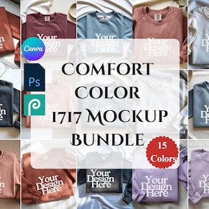 Pode incluir: Um pacote de mockups de 15 camisolas de cores diferentes. Cada camisola tem o texto "Your Design Here" impresso na frente. As palavras "COMFORT COLOR 1717 MOCKUP BUNDLE" s&atilde;o exibidas no centro da imagem.