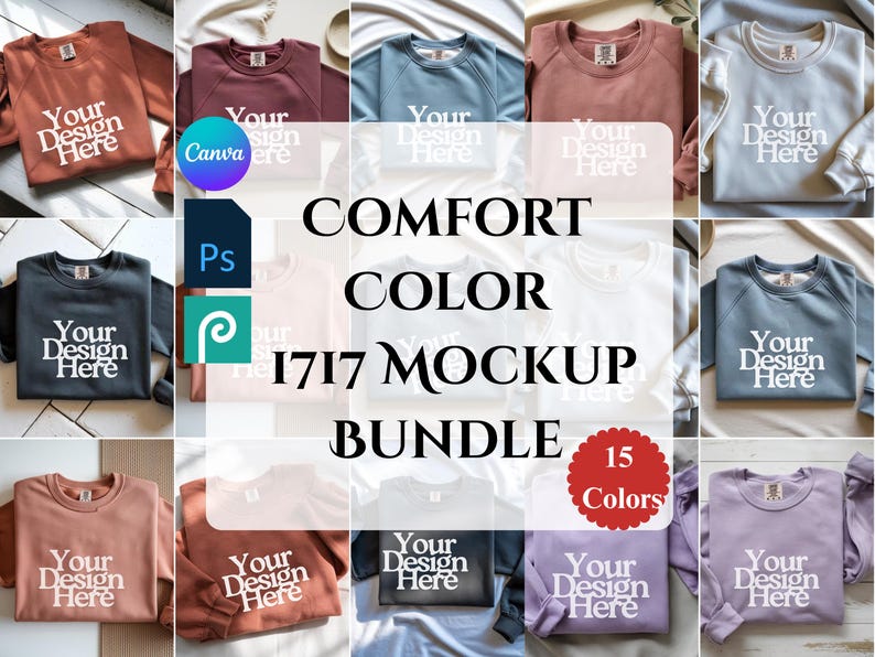 Pode incluir: Um pacote de mockups de 15 camisolas de cores diferentes. Cada camisola tem o texto "Your Design Here" impresso na frente. As palavras "COMFORT COLOR 1717 MOCKUP BUNDLE" s&atilde;o exibidas no centro da imagem.