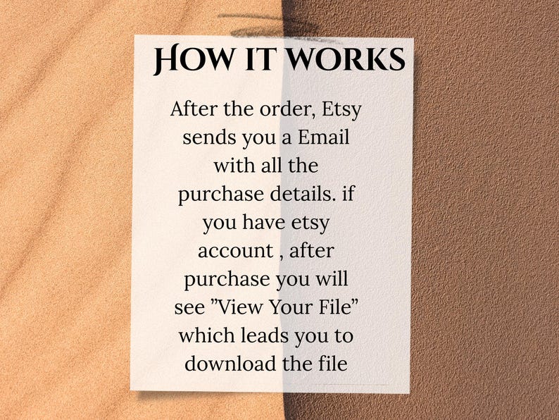 Pode incluir: Um cart&atilde;o branco retangular com o texto "HOW IT WORKS" em letras pretas em negrito. Abaixo, o cart&atilde;o explica o processo de compra do Etsy, incluindo notifica&ccedil;&otilde;es por e-mail e downloads de arquivos. O fundo &eacute; uma mistura de bege e castanho.