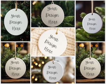 May include: A collection of white, round ornaments with the text "Your Design Here" in a script font. Each ornament hangs from a string. The ornaments are displayed against a backdrop of Christmas trees and soft, blurred lights.