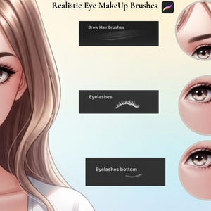 May include: Digital art showcasing realistic eye makeup brushes. The image includes text that reads "Realistic Eye Makeup Brushes", "Brow Hair Brushes", "Eyelashes", and "Eyelashes bottom". The image also features a woman's face with detailed eye makeup.
