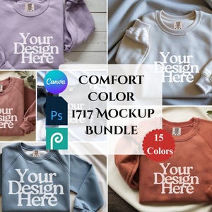 Pode incluir: Um pacote de mockups com seis camisolas em v&aacute;rias cores, incluindo lavanda, creme, rosa empoeirado e terracota. Cada camisola exibe o texto "Your Design Here" em branco e negrito. A imagem tamb&eacute;m inclui o texto "COMFORT COLOR 1717 MOCKUP BUNDLE" e "15 Colors."