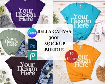 BC 3001 Conjunto de Mockups de Camiseta Flatlay Bella Canvas - Pacote de Mockups de Camiseta com Estética Boho Neutra - Mockup Flatlay - Mockup de Camiseta com Gola Redonda Dobrada