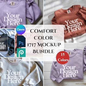 Pode incluir: Um pacote de mockups com v&aacute;rias camisolas de gola redonda em v&aacute;rias cores, incluindo roxo, ferrugem e cinza. Cada camisola exibe o texto "Your Design Here" em branco. A imagem tamb&eacute;m inclui o texto "COMFORT COLOR 1717 MOCKUP BUNDLE".
