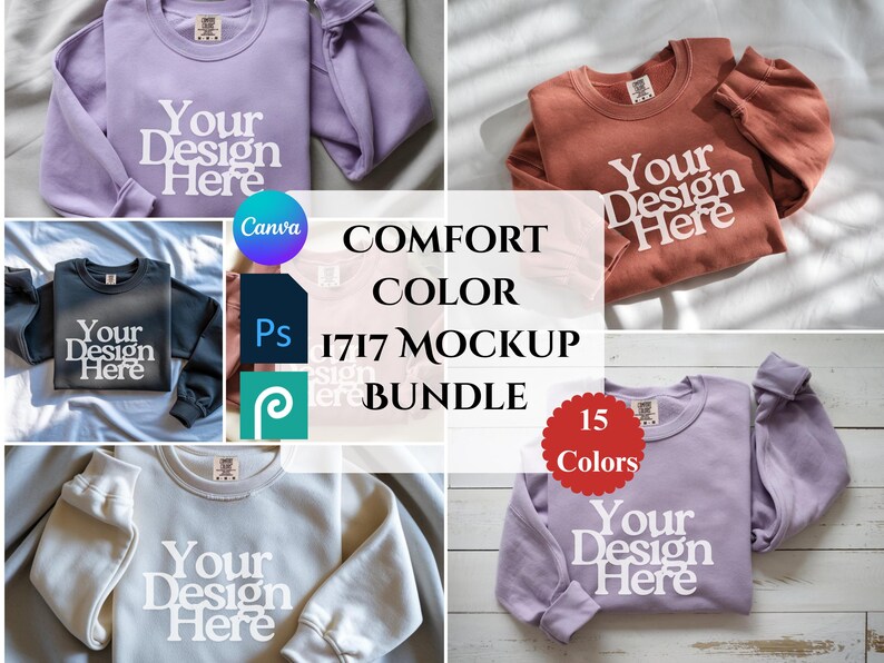 Pode incluir: Um pacote de mockups com v&aacute;rias camisolas de gola redonda em v&aacute;rias cores, incluindo roxo, ferrugem e cinza. Cada camisola exibe o texto "Your Design Here" em branco. A imagem tamb&eacute;m inclui o texto "COMFORT COLOR 1717 MOCKUP BUNDLE".