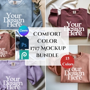 Pode incluir: Um pacote de mockups com v&aacute;rias camisolas de gola redonda em v&aacute;rias cores, incluindo azul, malva e lavanda. Cada camisola exibe o texto "Your Design Here" em branco. A imagem tamb&eacute;m inclui o texto "COMFORT COLOR 1717 MOCKUP BUNDLE".