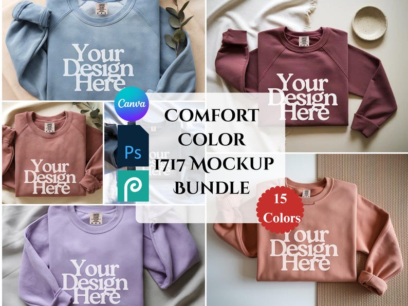 Pode incluir: Um pacote de mockups com v&aacute;rias camisolas de gola redonda em v&aacute;rias cores, incluindo azul, malva e lavanda. Cada camisola exibe o texto "Your Design Here" em branco. A imagem tamb&eacute;m inclui o texto "COMFORT COLOR 1717 MOCKUP BUNDLE".