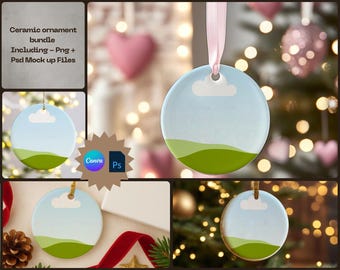 May include: Ceramic ornament bundle with a blue sky and green landscape design. The round ornament has a white cloud and is hanging from a pink ribbon. The text "Ceramic ornament bundle Including - Png + Psd Mock up Files" is in the upper left corner.